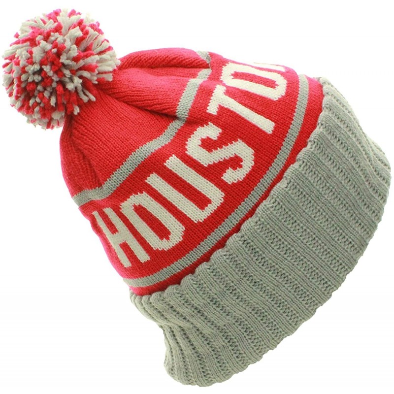 Skullies & Beanies USA Favorite City Cuff Cable Knit Winter Pom Pom Beanie Hat Cap - Houston - Red Gray - CW11T2UOK8J $28.95