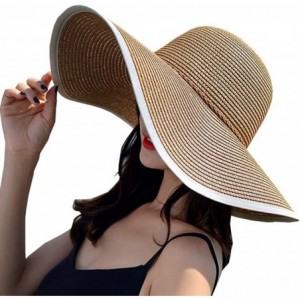 Sun Hats Women's Foldable Wide-Brimmed Beach Hat Summer Sun Beach Hat - Brown White - CG18R4ZNIG8 $34.86