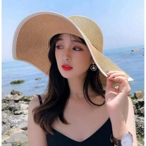 Sun Hats Women's Foldable Wide-Brimmed Beach Hat Summer Sun Beach Hat - Brown White - CG18R4ZNIG8 $29.77