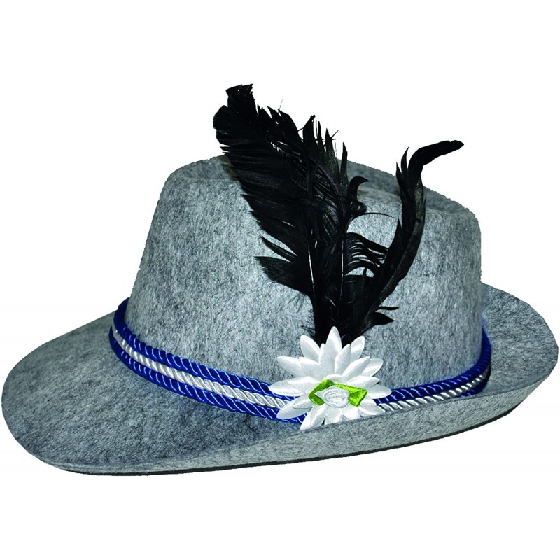 Fedoras Bavarian Hat - Gray with Blue and White Braid Trim Flower and Black Feathers - C412MS8Q8VN $39.25