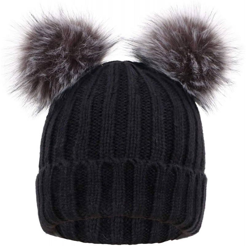 Skullies & Beanies Women's Winter Knitted Faux Fur Double Pom Pom Beanie Hat w/Lush Lining - Black Hat Black Grey Ball - CU18...