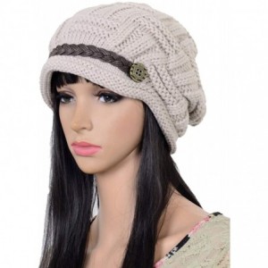 Skullies & Beanies Women Winter Beanie Cabled Checker Pattern Knit Hat Button Strap Cap - Beige - C7128IO0VCN $18.33