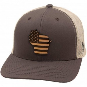 Baseball Caps 'Wisconsin Patriot' Leather Patch Hat Curved Trucker - Brown/Tan - C718IGR2T8I $53.57