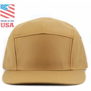 Baseball Caps Made in USA Cotton Twill 5 Panel Flat Brim Genuine Leather Brass Biker Board Cap - Timber - CN12F1LSGMD $21.44
