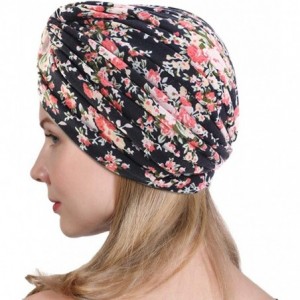Skullies & Beanies New Women's Cotton Turban Flower Prints Beanie Head Wrap Chemo Cap Hair Loss Hat Sleep Cap - Black Flower ...