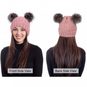 Skullies & Beanies Cable Knit Beanie with Faux Fur Pompom Ears - Pink Hat Black Grey Ball Beige Lining - CG182S5GCCR $27.73