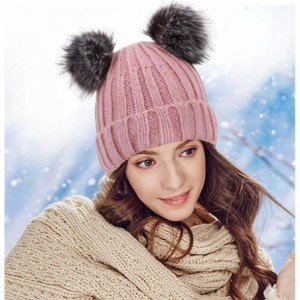 Skullies & Beanies Cable Knit Beanie with Faux Fur Pompom Ears - Pink Hat Black Grey Ball Beige Lining - CG182S5GCCR $27.73