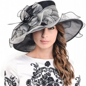 Sun Hats Ladies Kentucky Derby Church Hat Wide Brim Leaf Flower Bridal Dress Hat s037 - Black&grey - CC12CV36HHP $46.92