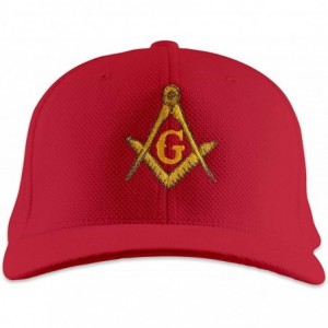 Baseball Caps Gold Square & Compass Embroidered Masonic Flexfit Adult Cool & Dry Piqué Mesh Hat - Red - CR11S4LN5B5 $45.57