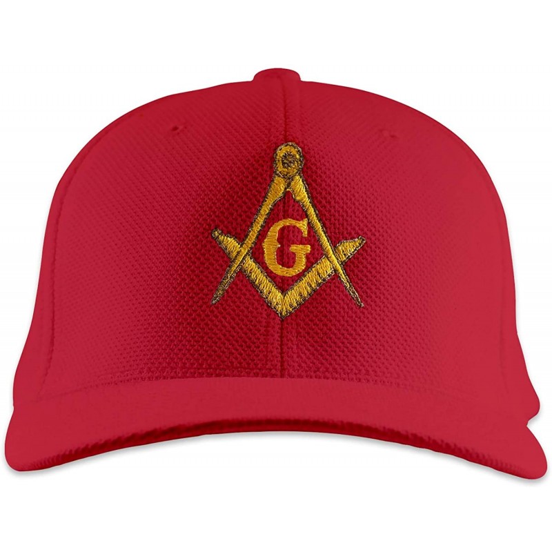 Baseball Caps Gold Square & Compass Embroidered Masonic Flexfit Adult Cool & Dry Piqué Mesh Hat - Red - CR11S4LN5B5 $42.23