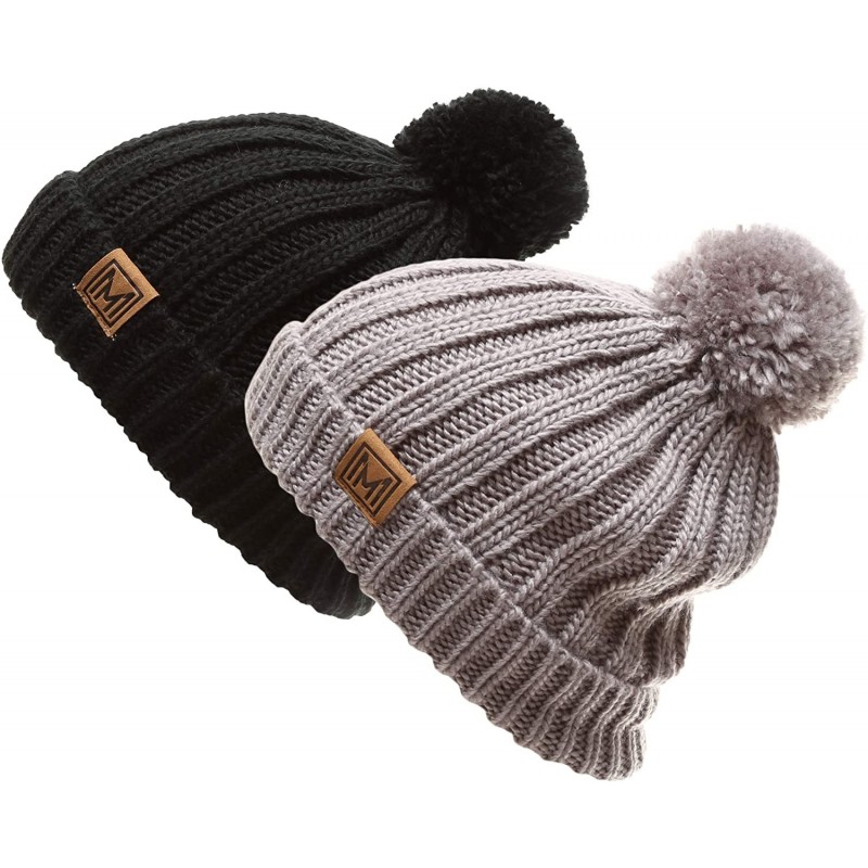 Skullies & Beanies Women's Oversized Chunky Soft Warm Rib Knit Pom Pom Beanie Hat with Sherpa Lined - 1 Black & 1 Light Grey ...