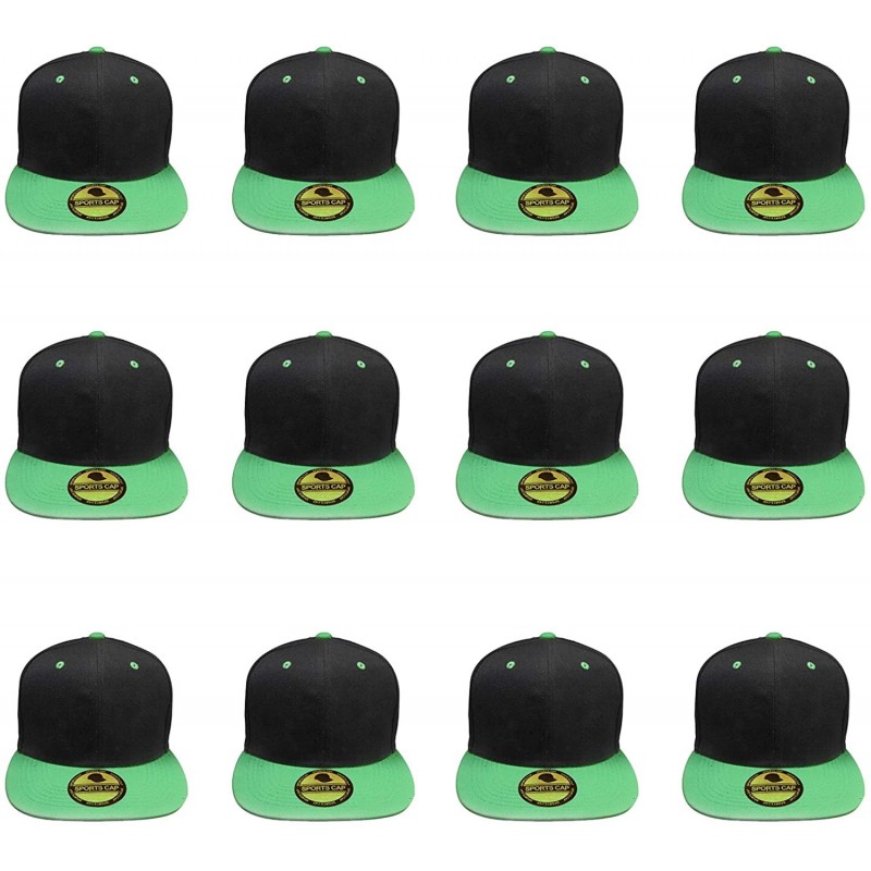 Baseball Caps Plain Blank Flat Brim Adjustable Snapback Baseball Caps Wholesale LOT 12 Pack - Black/Green - C817YR7NXXM $50.15