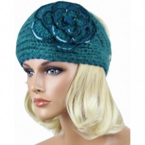 Cold Weather Headbands SEA GREEN Adjustable Hand Knit Head Wrap Headband Neck Warmer Huge Jewel In Flower - C811779Q1UR $23.86