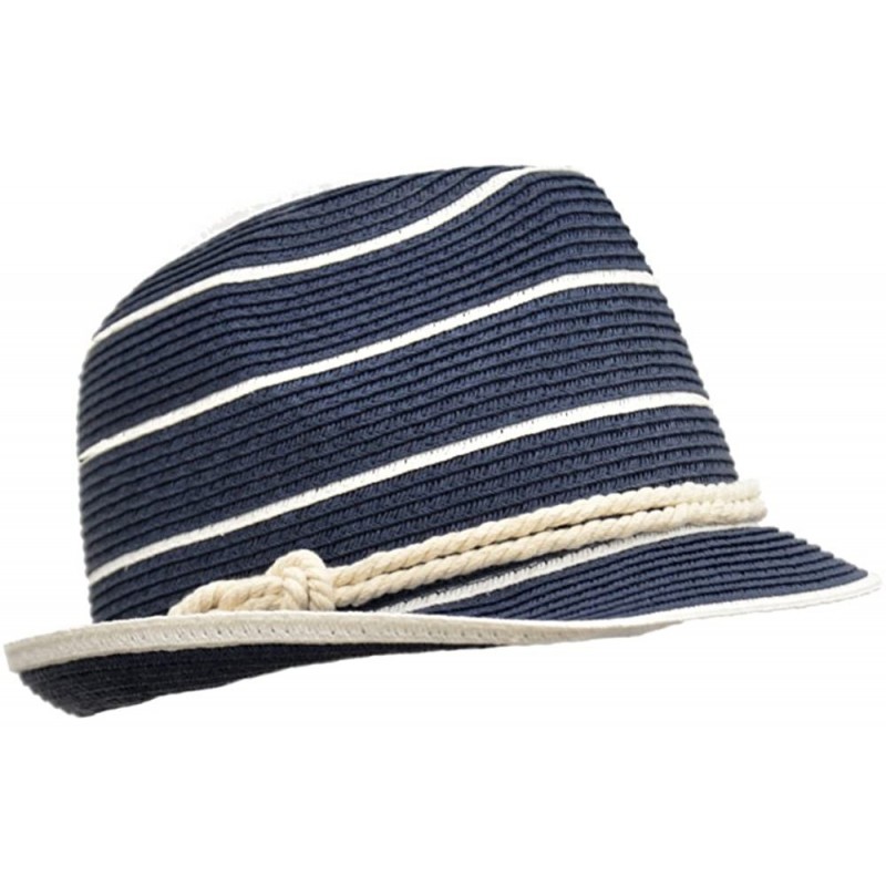 Fedoras Summer Straw Fedora- Nautical Striped Panama Hat with Rope Knot Hat Band- Packable - Navy/ White - CS17Z3K5867 $39.09