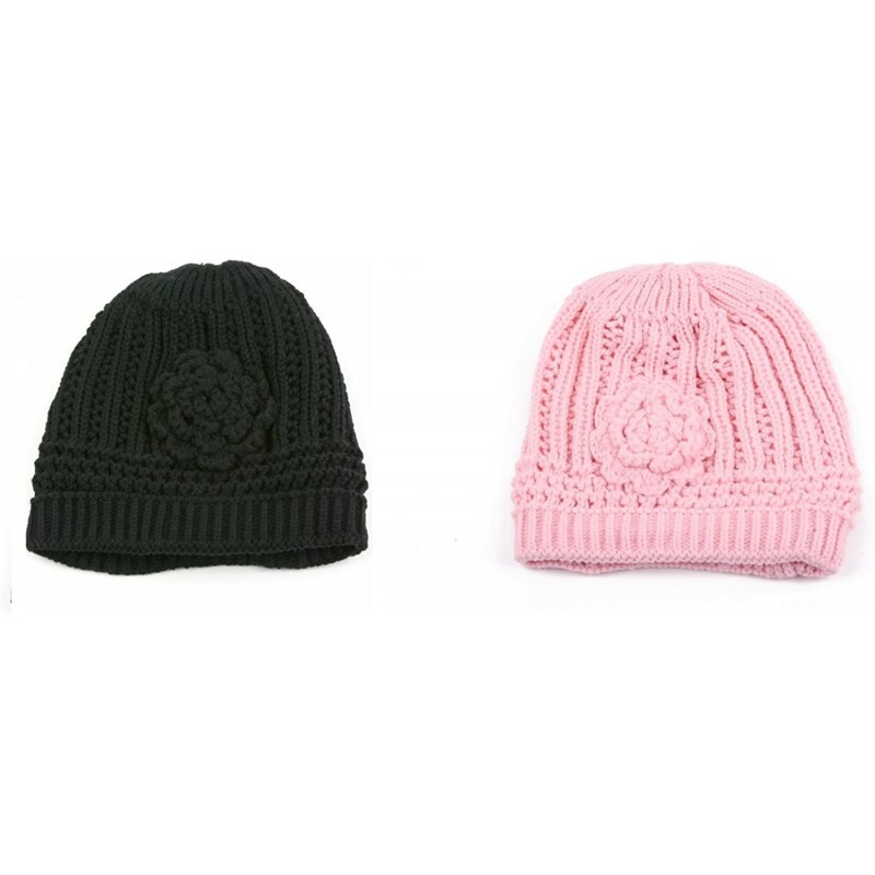 Skullies & Beanies Winter Knit Flower Beanie Hat 333HB - 2 Pcs Black & Pink - CV122Q1NB2V $29.65