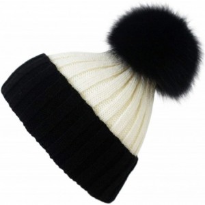 Skullies & Beanies Women Winter Kintted Beanie Hats with Real Fox Fur Pom Pom - Black&white - C218XK4MGQ5 $37.55