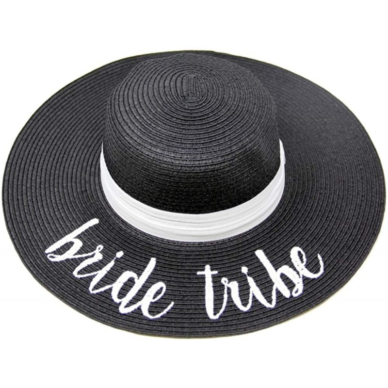 Sun Hats Women Spring Summer Beach Paper Embroidered Lettering Floppy Hats - Bride Tribe - Black - CD18QG2GIL5 $32.84