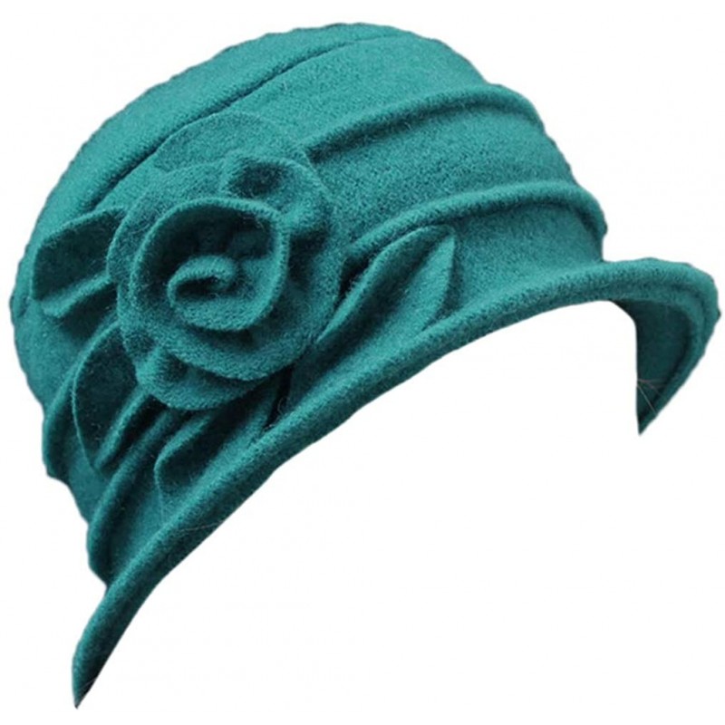 Berets Women 100% Wool Solid Color Round Top Cloche Beret Cap Flower Fedora Hat - 1 Green - CX186WYSKET $31.18
