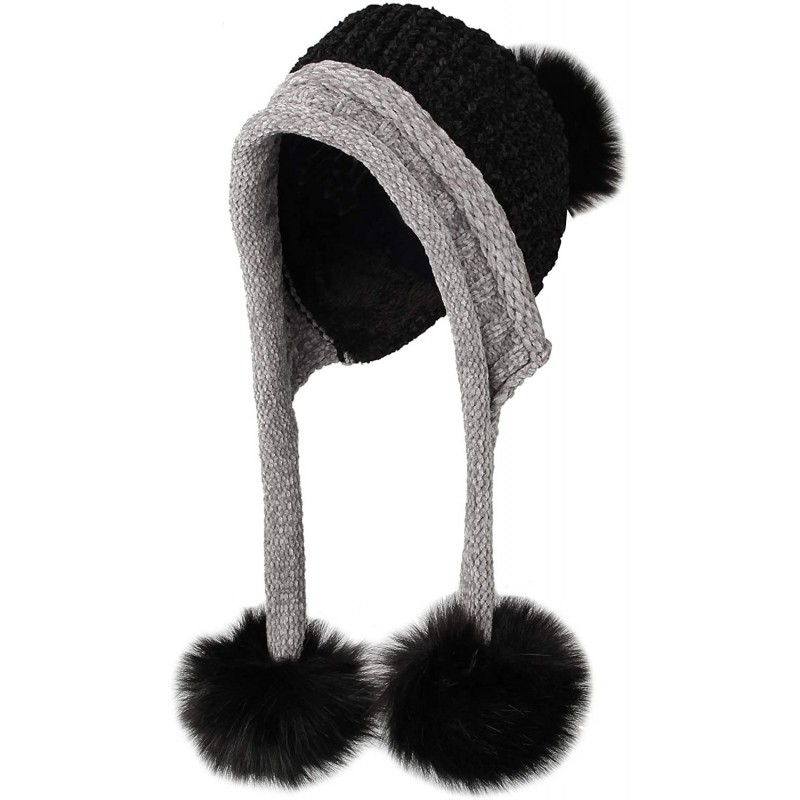 Skullies & Beanies Fleece Lining Thick Cable Knit Beanie Hat Pom Earflaps DZ70029 - Black - C918L76RWSM $31.34