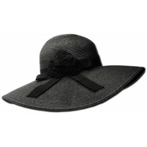 Sun Hats Womens UPF 50+ 100% Paper Straw Ribbon Flower Accent Wide Brim Floppy Hat - Black - CE1190EY81L $55.54