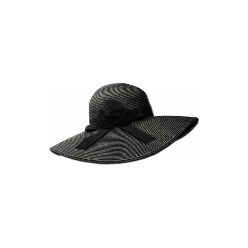 Sun Hats Womens UPF 50+ 100% Paper Straw Ribbon Flower Accent Wide Brim Floppy Hat - Black - CE1190EY81L $48.06