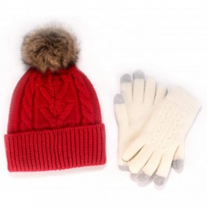 Skullies & Beanies Women's Classic Winter Fleeced Thermal Pom Pom Beanie Hat and Mittens Set - Red White Set - CS1944E04IU $3...