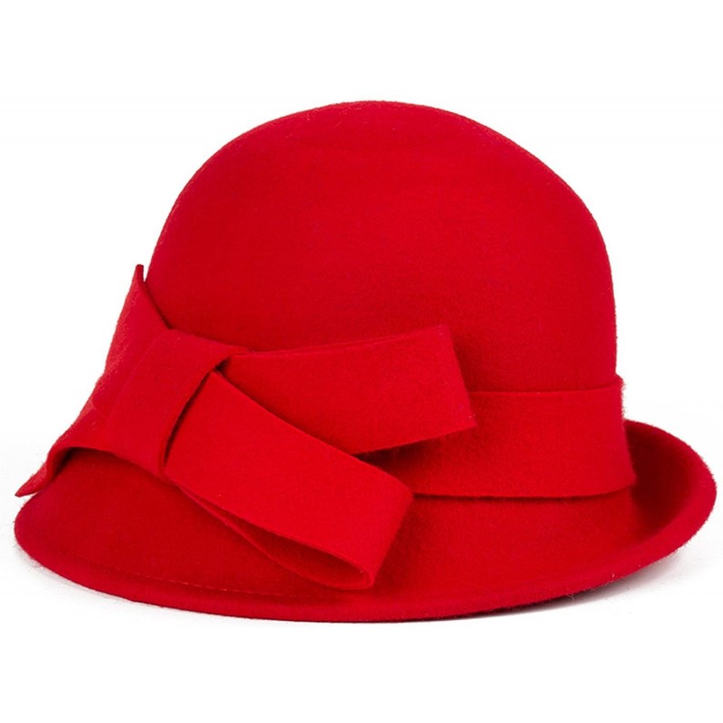 Bucket Hats Womens Wool Felt Bucket Hats with Belt - Red - CI12KLNSO05 $29.83
