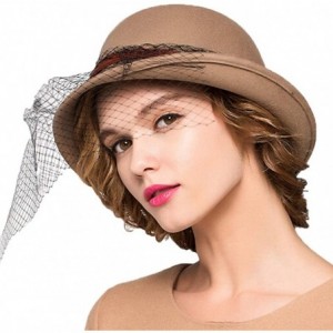 Fedoras Women's Wool Felt Flowers Church Bowler Veil Hats - Camel - CE128NIYP9J $45.61