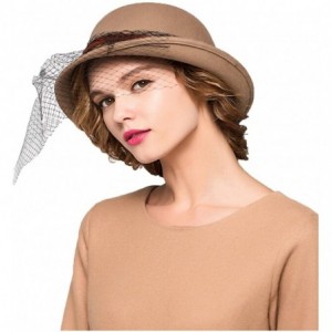Fedoras Women's Wool Felt Flowers Church Bowler Veil Hats - Camel - CE128NIYP9J $38.72