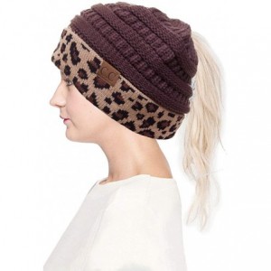 Skullies & Beanies Women Classic Solid Color with Leopard Cuff Ponytail Messy Bun Beanie Skull Cap - Brown - CB18HTI622O $27.59