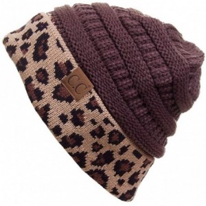 Skullies & Beanies Women Classic Solid Color with Leopard Cuff Ponytail Messy Bun Beanie Skull Cap - Brown - CB18HTI622O $27.59