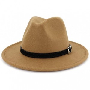 Fedoras Women Lady Retro Wide Brim Fedora Hat with Belt Buckle Unisex Felt Hat - Camel - CH18Y0SDDX0 $25.46