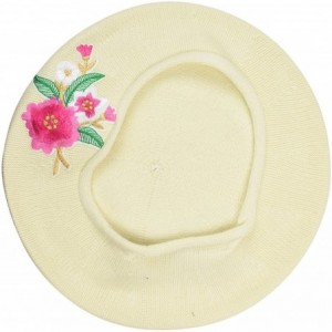 Berets 100% Cotton Beret French Ladies Hat with Pink Flower Bouquet - Cream - CL183K3AMAL $49.48