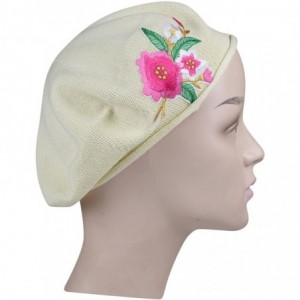 Berets 100% Cotton Beret French Ladies Hat with Pink Flower Bouquet - Cream - CL183K3AMAL $49.48