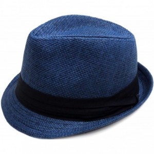 Fedoras Mens Womens Short Brim Structured Straw Fedora Hat Summer Sun Hat - Navy - CZ18CO6ZZMT $29.39
