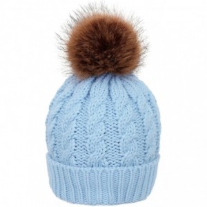 Skullies & Beanies Womens Winter Hand Knit Faux Fur Pompoms Beanie Hat - Light Blue - C412MX5HQSS $28.10
