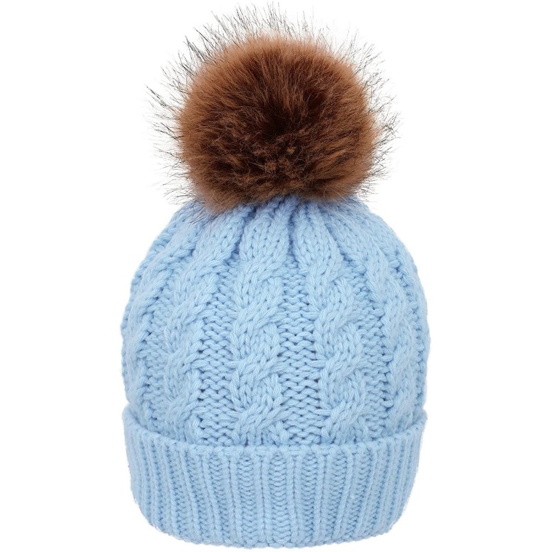 Skullies & Beanies Womens Winter Hand Knit Faux Fur Pompoms Beanie Hat - Light Blue - C412MX5HQSS $27.02