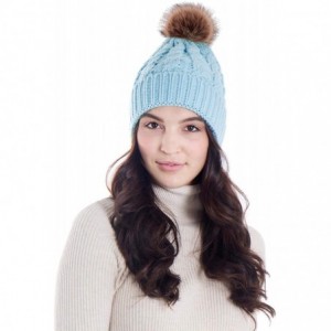 Skullies & Beanies Womens Winter Hand Knit Faux Fur Pompoms Beanie Hat - Light Blue - C412MX5HQSS $27.02