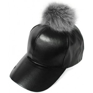 Baseball Caps Women's Faux Leather Fur Pom Pom- Plain Adjustable Baseball Cap - Black + Grey - C212BI0VAAT $29.64