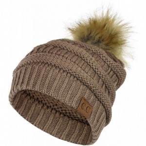 Skullies & Beanies Chunky Cable Knit Beanie Hat w/Faux Fur Pom Pom - Winter Soft Stretch Skull Cap - Taupe - CE12MZWCSCK $26.44