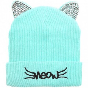 Skullies & Beanies Women's Soft Warm Embroidered Meow Cat Ears Knit Beanie Hat with Stone Embellished - Mint - CX18Y3O9QCN $2...