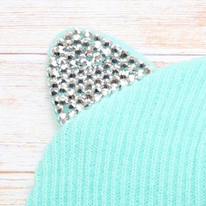 Skullies & Beanies Women's Soft Warm Embroidered Meow Cat Ears Knit Beanie Hat with Stone Embellished - Mint - CX18Y3O9QCN $2...