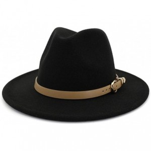 Fedoras Women Hats for Winter Wide Brim Fedora Hat with Classic Belt Buckle - A-black - CS18Z0X9NSQ $27.82