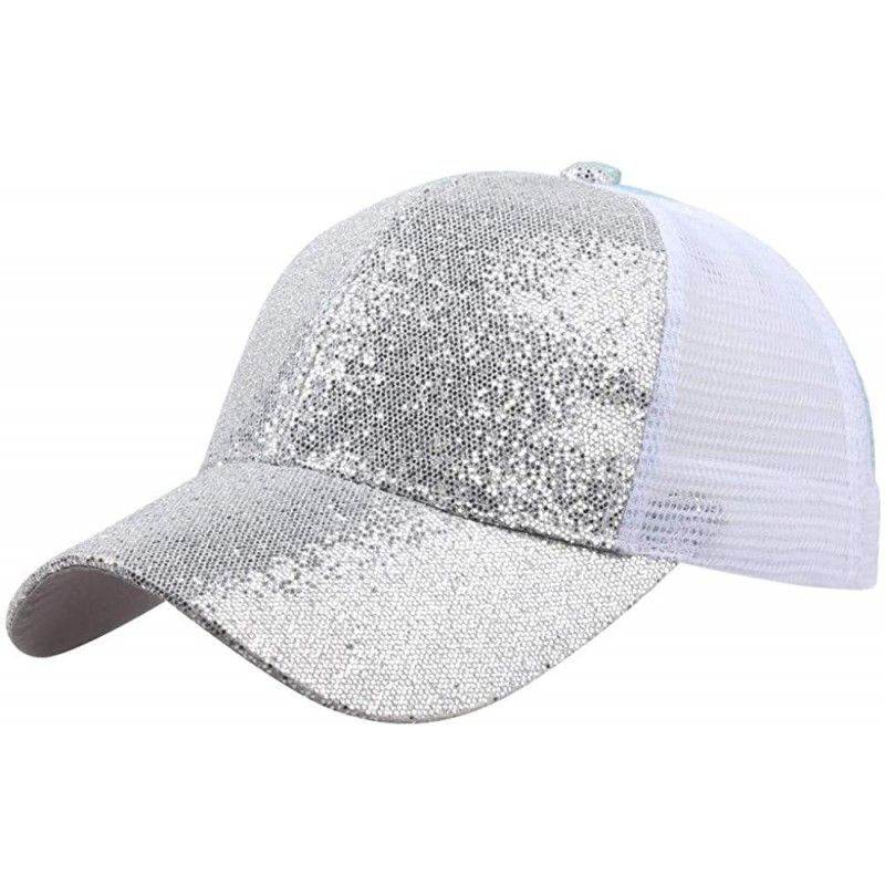 Baseball Caps Hats for Women Girl Baseball Cap Sequins Hip Hop Sun Hat Girl Snapback Mesh Hat - Silver - CR18RK32W07 $13.48