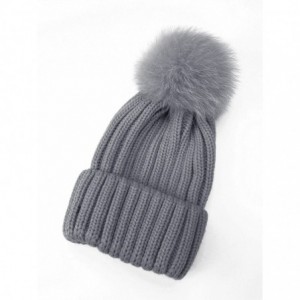 Skullies & Beanies Women Winter Kintted Beanie Hats with Real Fox Fur Pom Pom - Grey - C412NTGEOTR $30.90