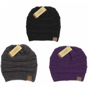 Skullies & Beanies Warm Soft Cable Knit Skull Cap Slouchy Beanie Winter Hat - 3pc Set Black- Dark Melange Grey- Purple - CP12...