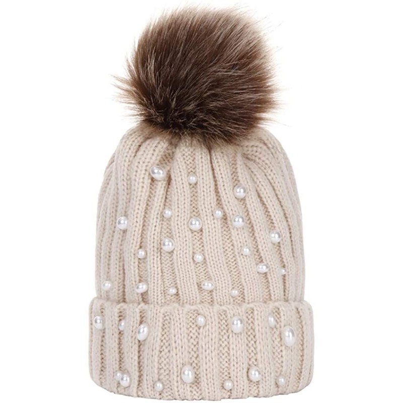Bucket Hats Women Faux Fur Pom Pom Beanie Cap Fashion Winter Pearl Knit Ski Hat - Khaki - C418LK8RWW4 $14.81