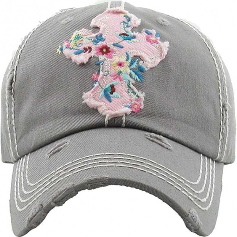 Baseball Caps Women's Floral Cross Distressed Vintage Baseball Hat Cap - Grey - CU18R6DM5OC $44.20