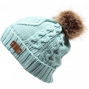 Skullies & Beanies Women's Fleece Lined Knitted Slouchy Faux Fur Pom Pom Cable Beanie Cap Hat - Mint - C9187248ULZ $30.45