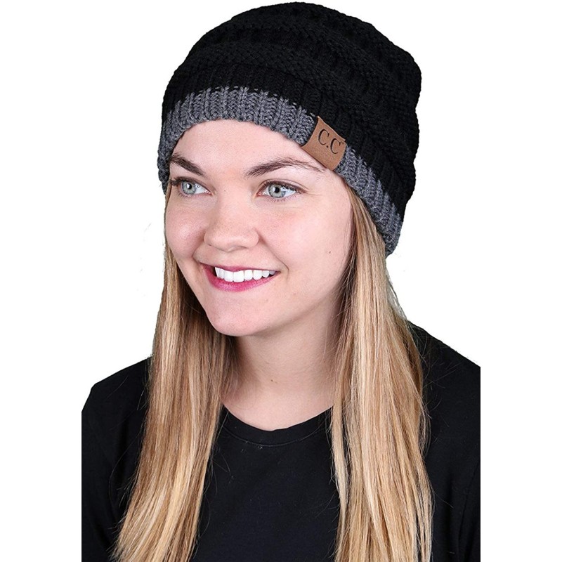 Skullies & Beanies Solid Ribbed Beanie Slouchy Soft Stretch Cable Knit Warm Skull Cap - Black - Grey Stripe - CE186LKSDXM $23.35